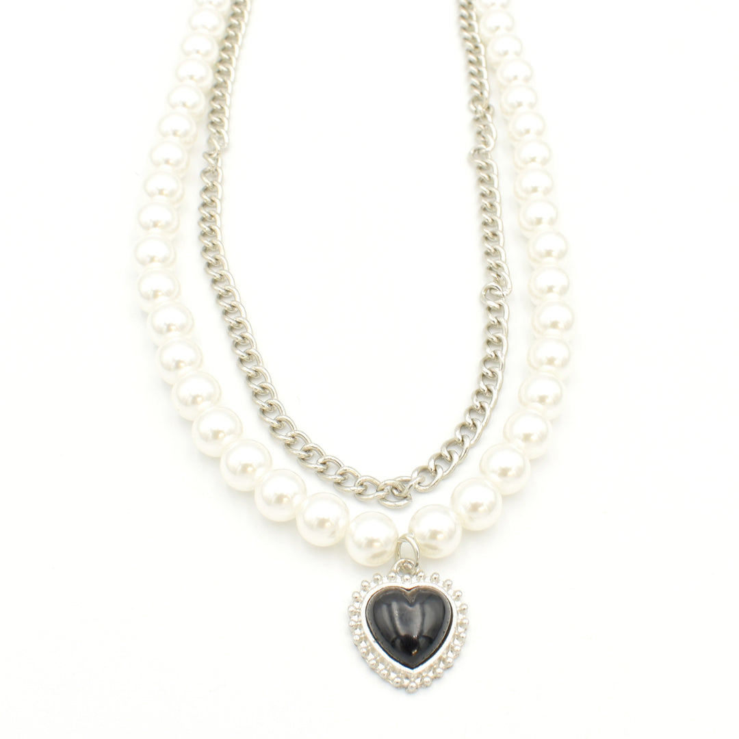 Silver Black Heart Pearl Layered Necklace