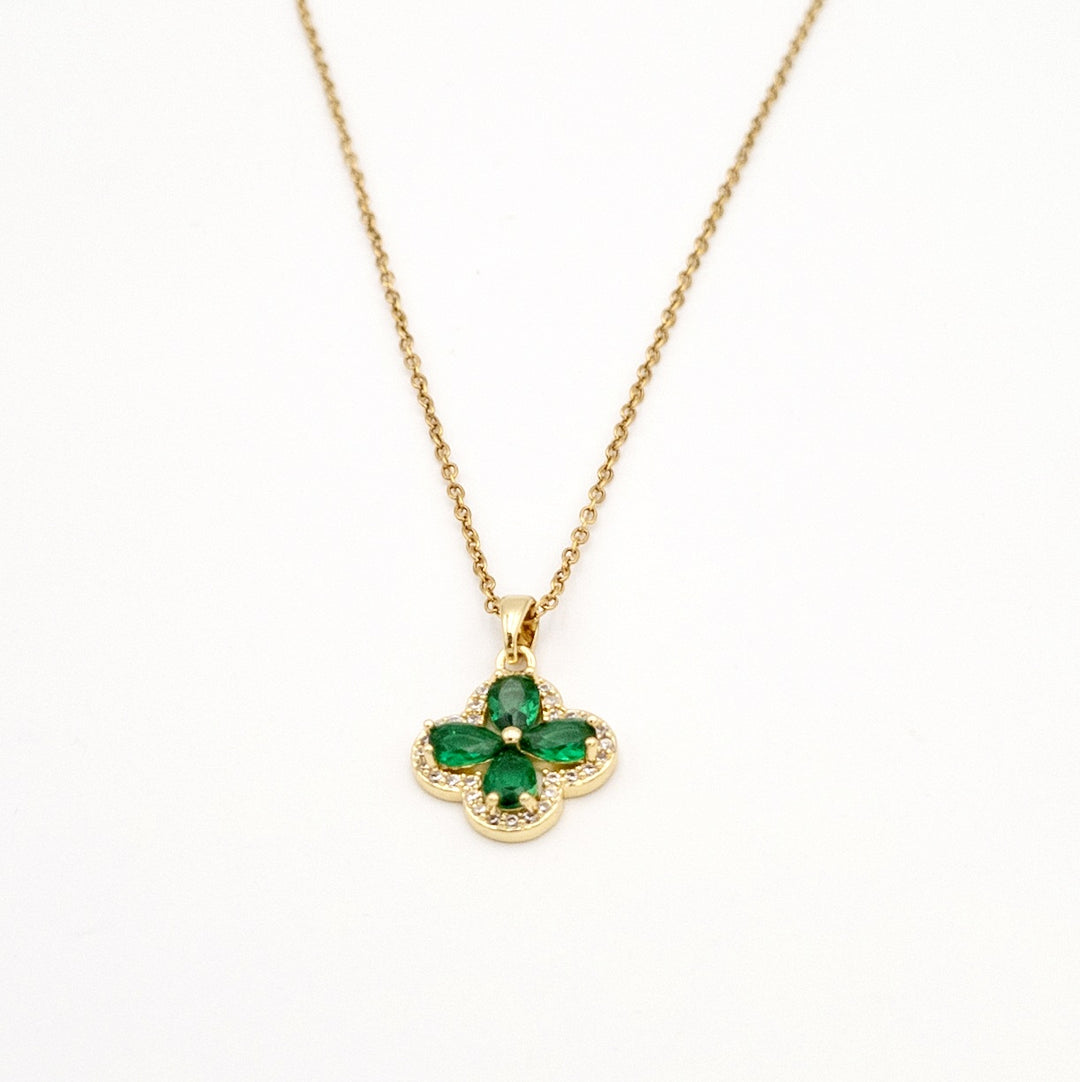 Gold Emerald Flower Pendant Necklace