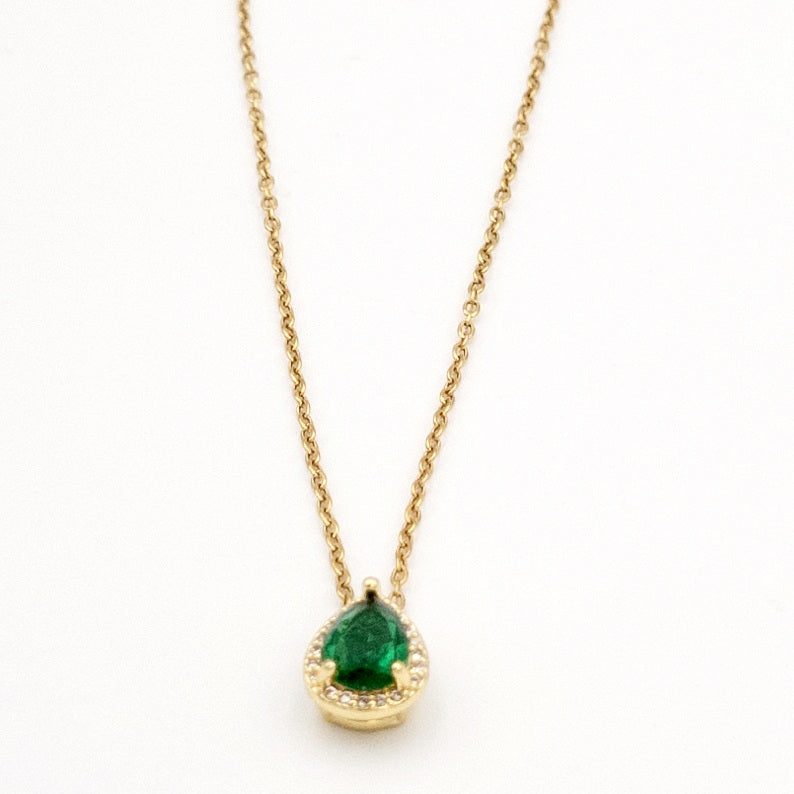 Gold Emerald Dainty Pear Necklace
