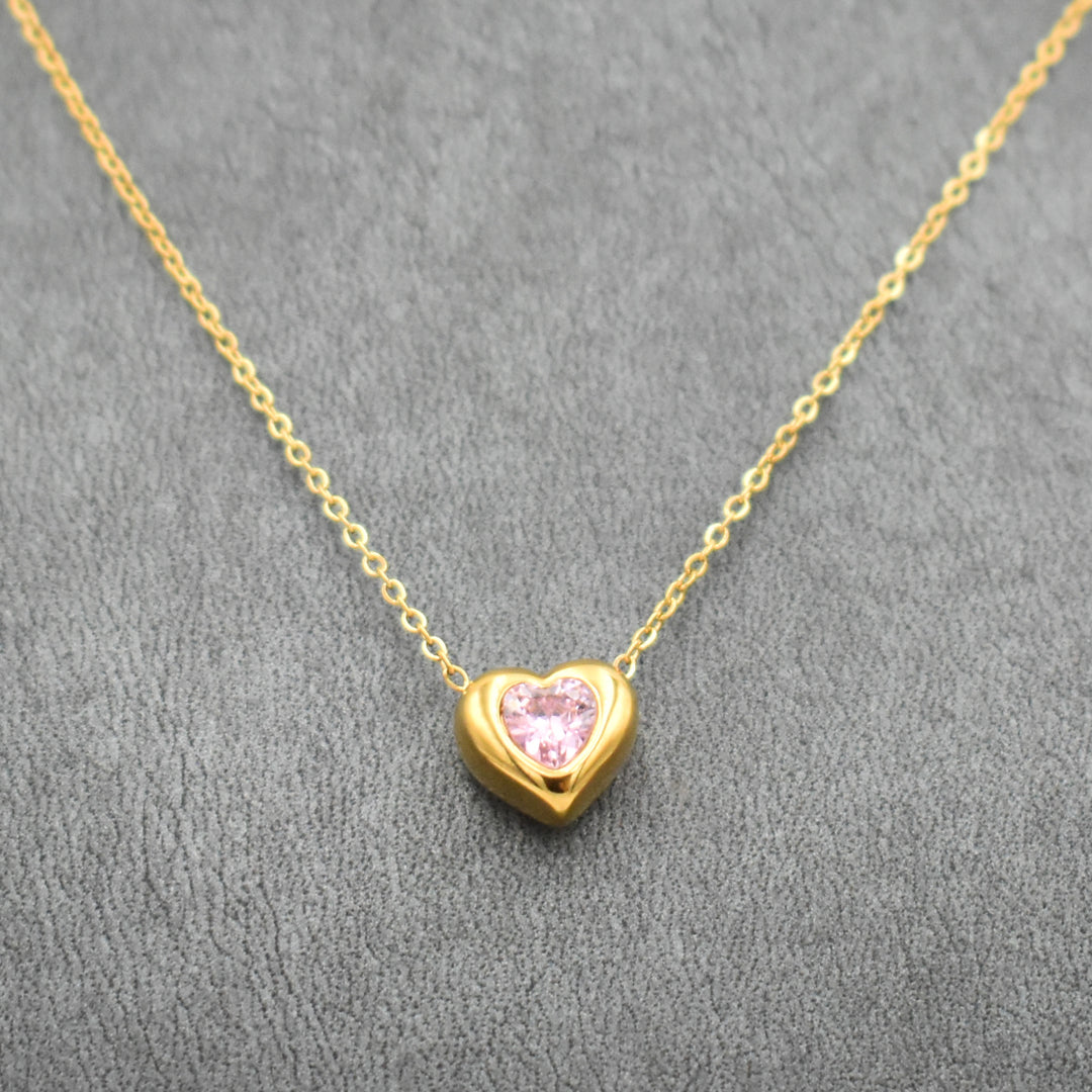 Gold Plated Pink Stone Heart Necklace