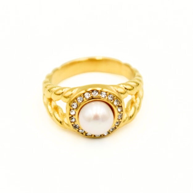 Gold Toned Pearl Zirconia Pave Rings