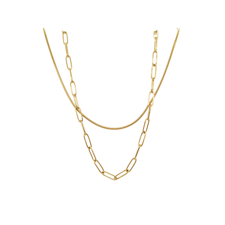 Gold Plated Double Layer Paperclip and Snake Necklace