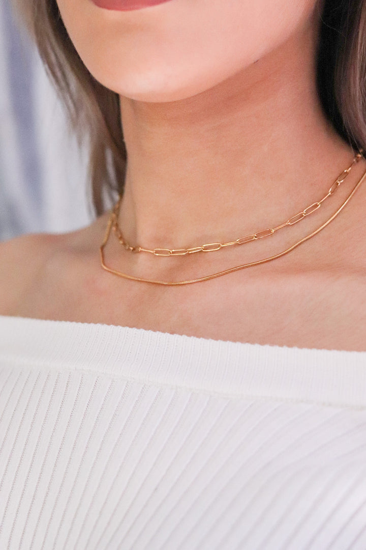 Gold Plated Double Layer Paperclip and Snake Necklace