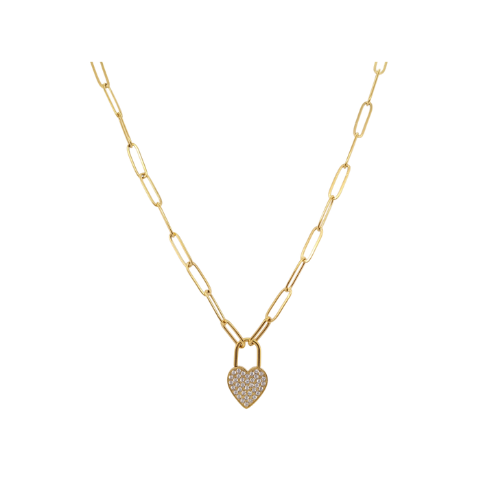 Gold Plated Paperclip Necklace with Cubic Zirconia encrusted Heart Lock