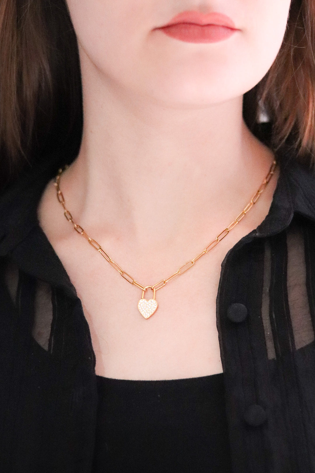 Gold Plated Paperclip Necklace with Cubic Zirconia encrusted Heart Lock