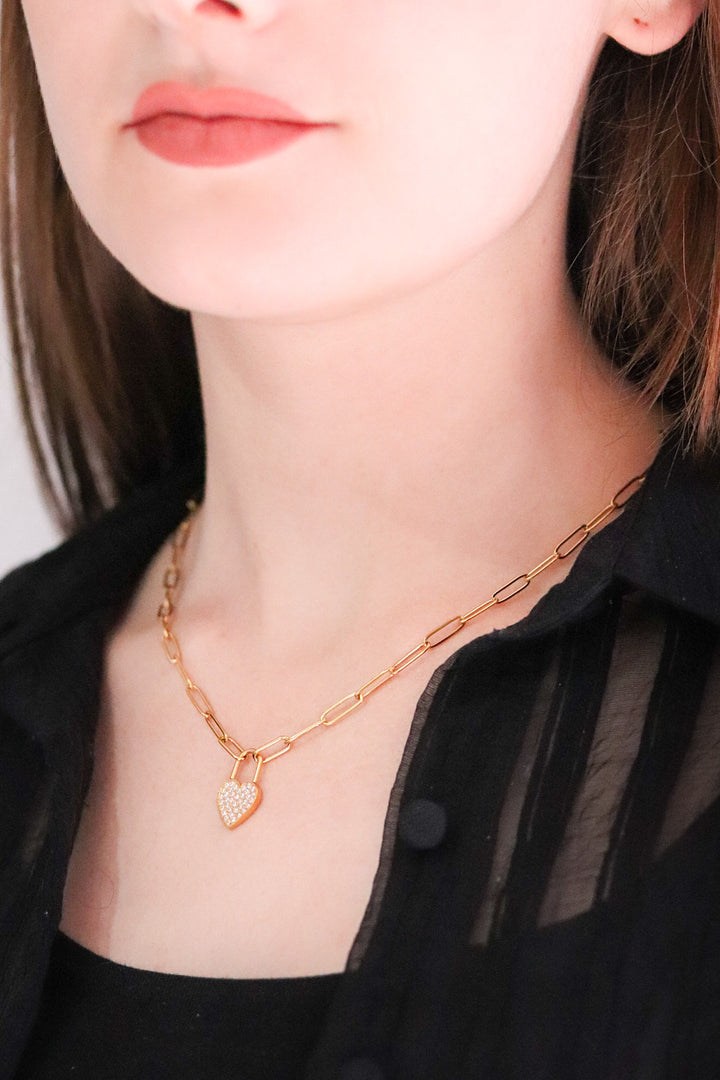 Gold Plated Paperclip Necklace with Cubic Zirconia encrusted Heart Lock