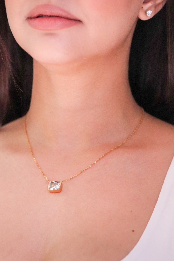 Gold Plated Necklace with Rectangular Cubic Zirconia Stone