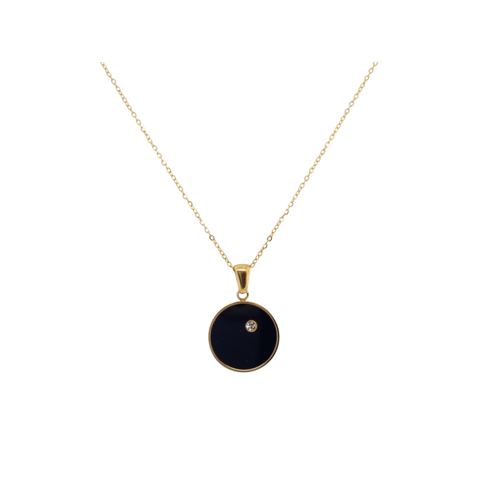 Gold Plated Necklace with Black Enamel Disk Pendant