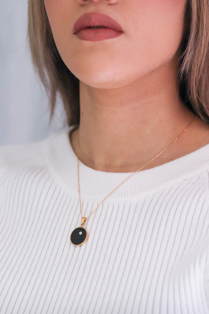 Gold Plated Necklace with Black Enamel Disk Pendant