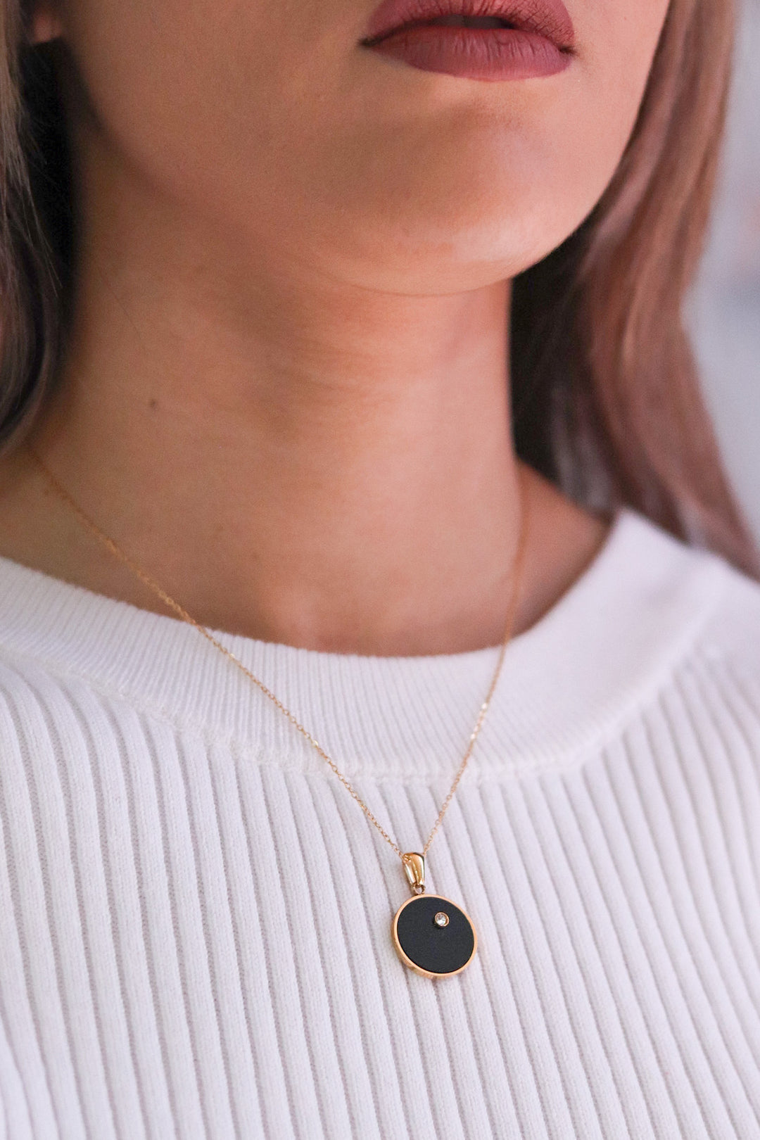 Gold Plated Necklace with Black Enamel Disk Pendant