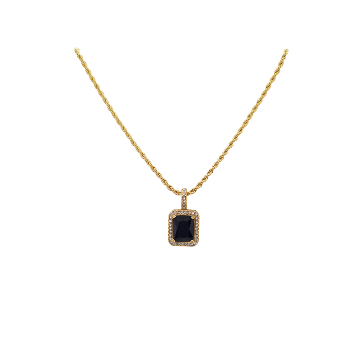 Gold Toned Rope Necklace with Black Cubic Zirconia Pendant