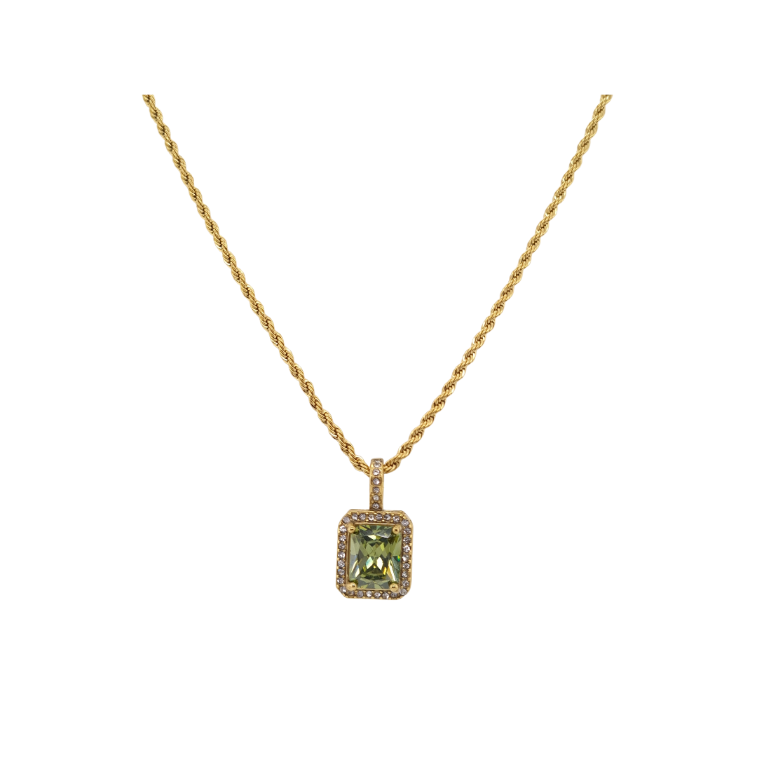 Gold Toned Rope Necklace with Green Cubic Zirconia Pendant