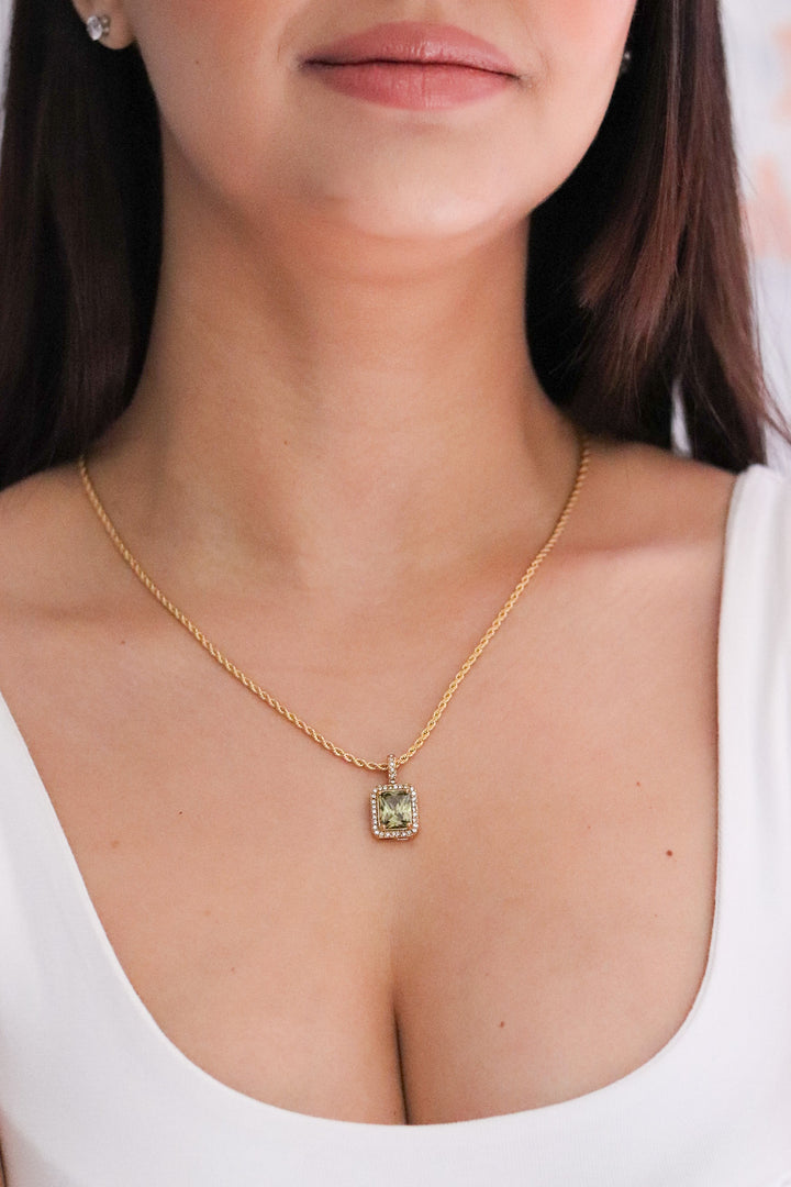 Gold Toned Rope Necklace with Green Cubic Zirconia Pendant