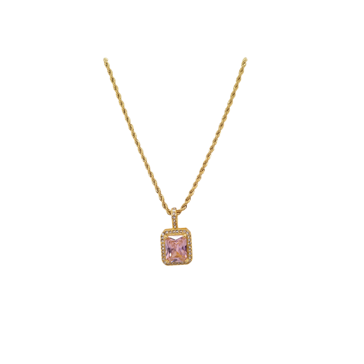 Gold Plated Rope Necklace with Pink Cubic Zirconia Pendant