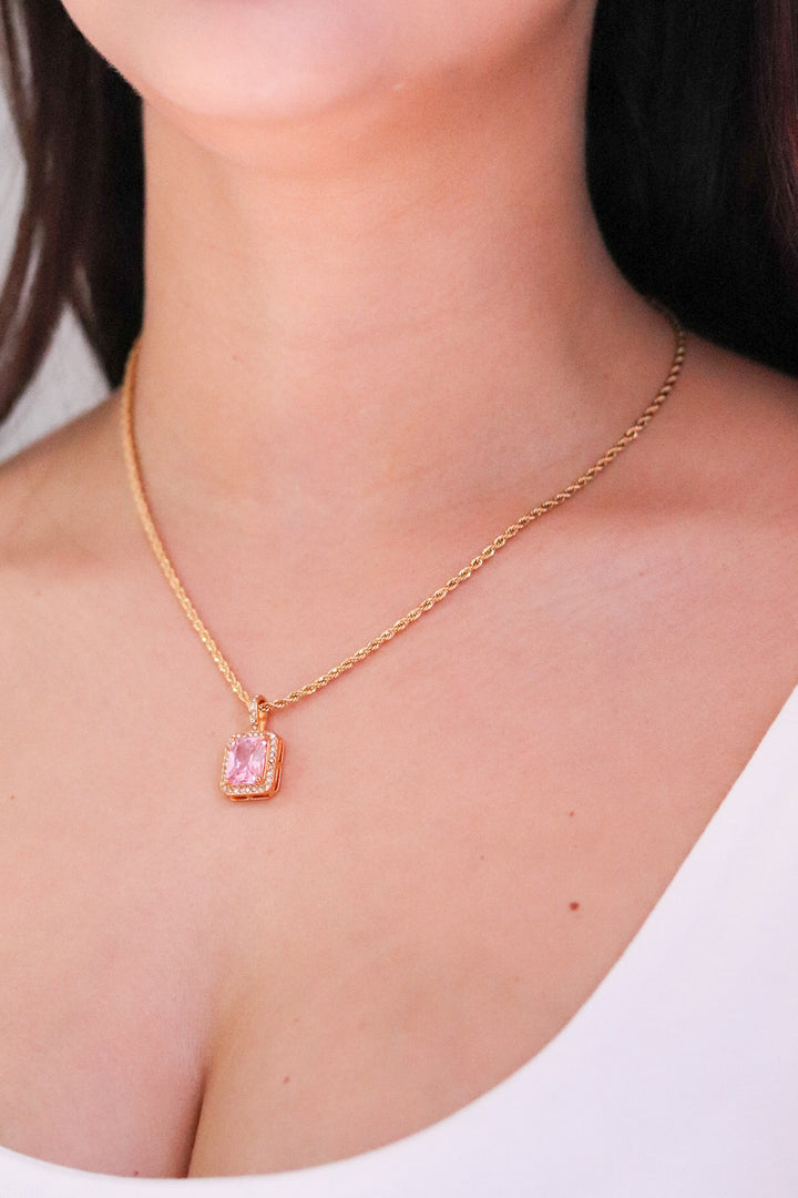 Gold Plated Rope Necklace with Pink Cubic Zirconia Pendant