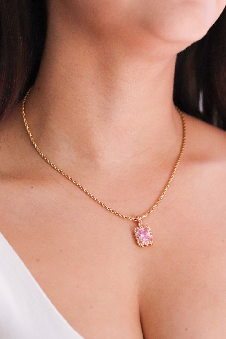 Gold Plated Rope Necklace with Pink Cubic Zirconia Pendant