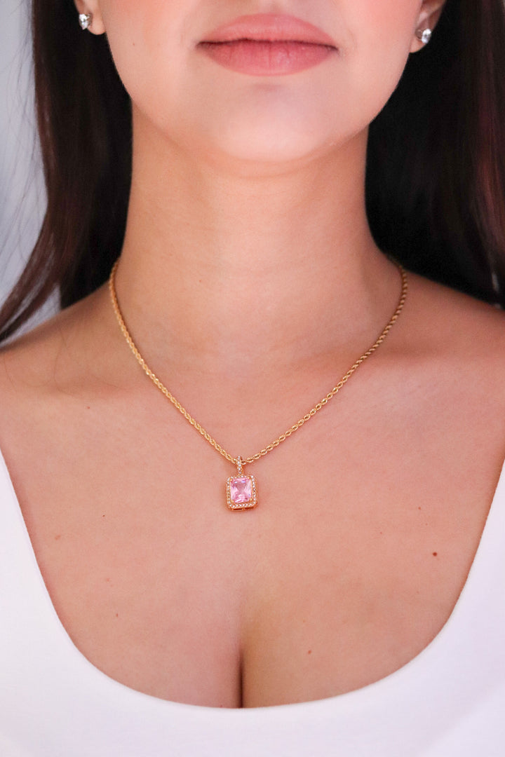 Gold Plated Rope Necklace with Pink Cubic Zirconia Pendant