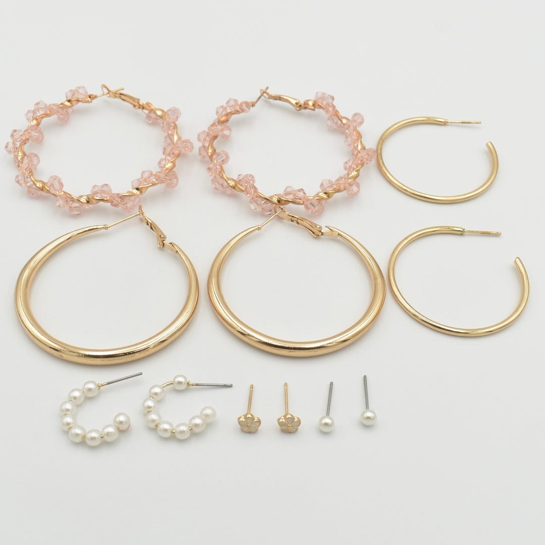 Gold Pink Crystal Hoop 6-Pack Earrings