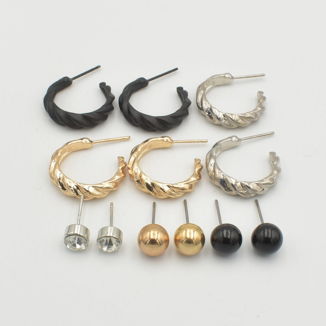 Black Croissant Diamante 6-Pack Earrings