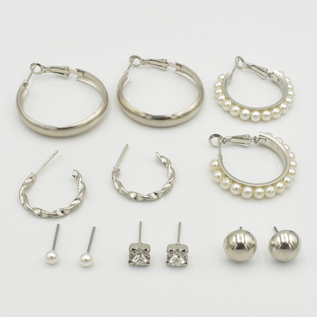 Silver Cubic Pearl Diamante 6-Pack Earrings