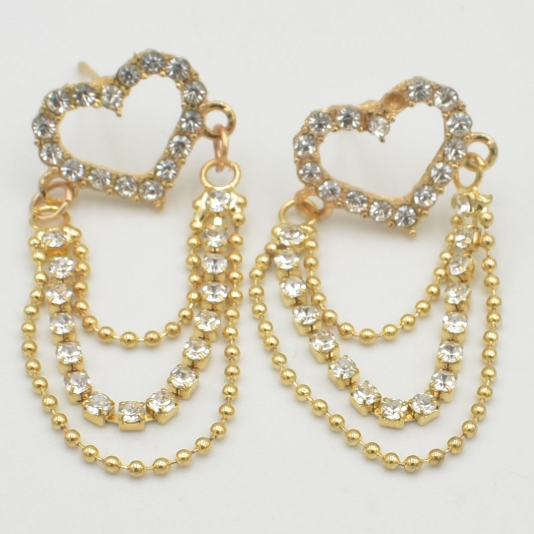 Gold Heart Diamante Hanging Stud Earrings