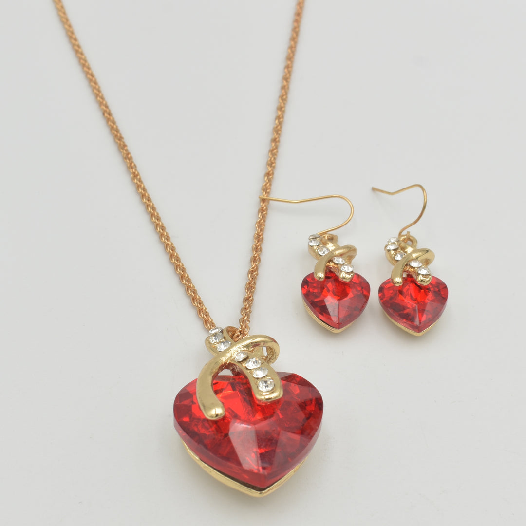 Gold Ruby Red Bow Diamante Necklace Set