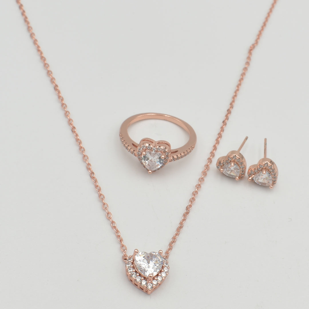 Rose Gold Heart Diamante Cubic Necklace Set