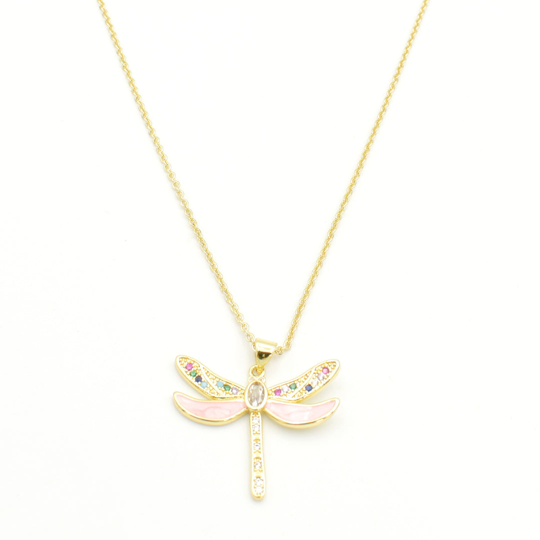 Gold Powder Pink Dragon Fly Necklace