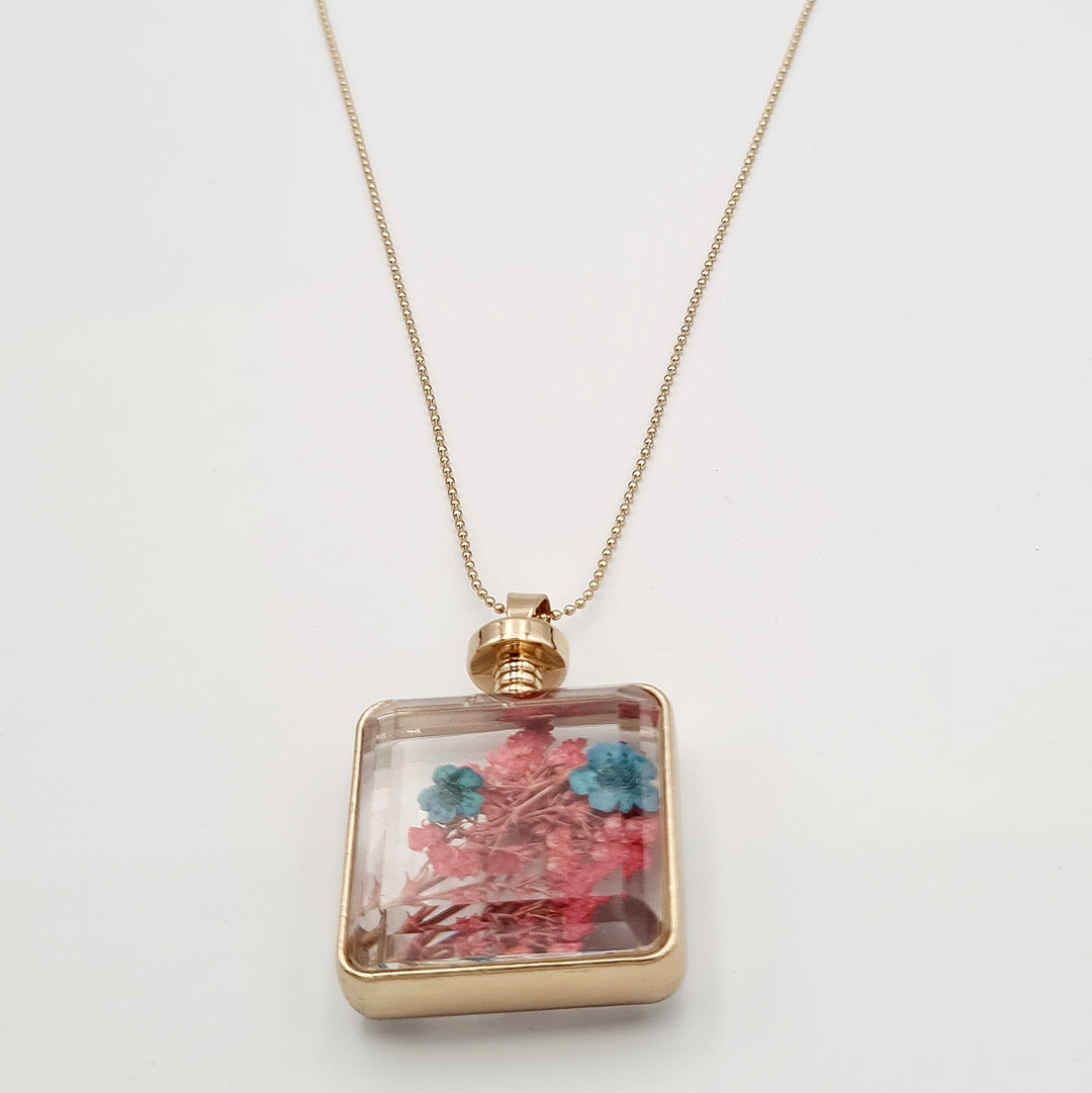 Gold Pink Flower Pot Pendant Necklace