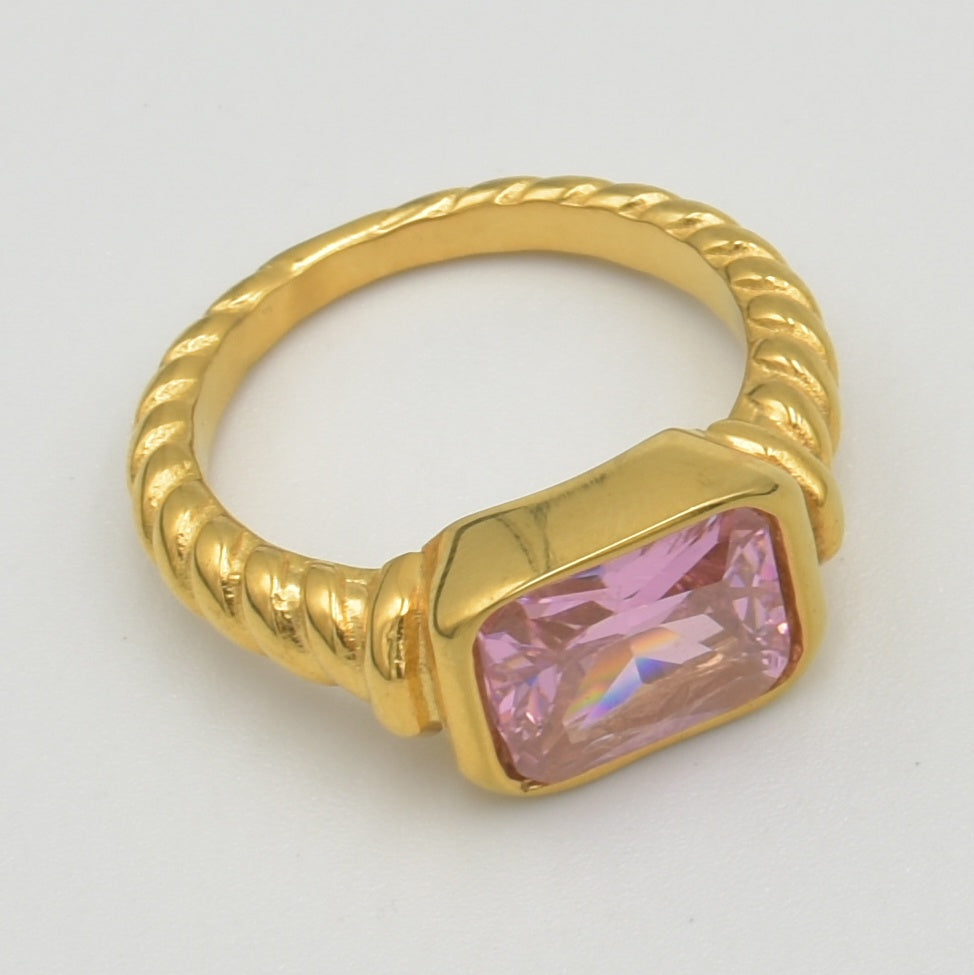 Gold Cubic Pink Stone Ring
