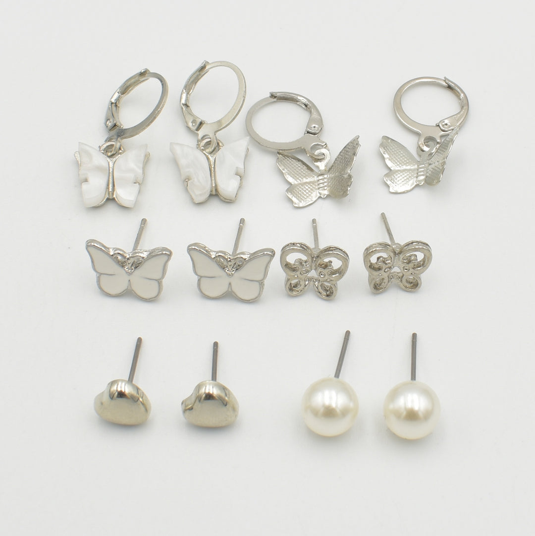 Silver Butterfly Heart 6-Pack Earrings