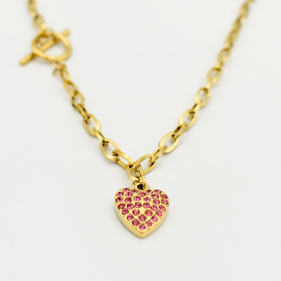 Gold T-Cross Pink Heart Diamante Necklace
