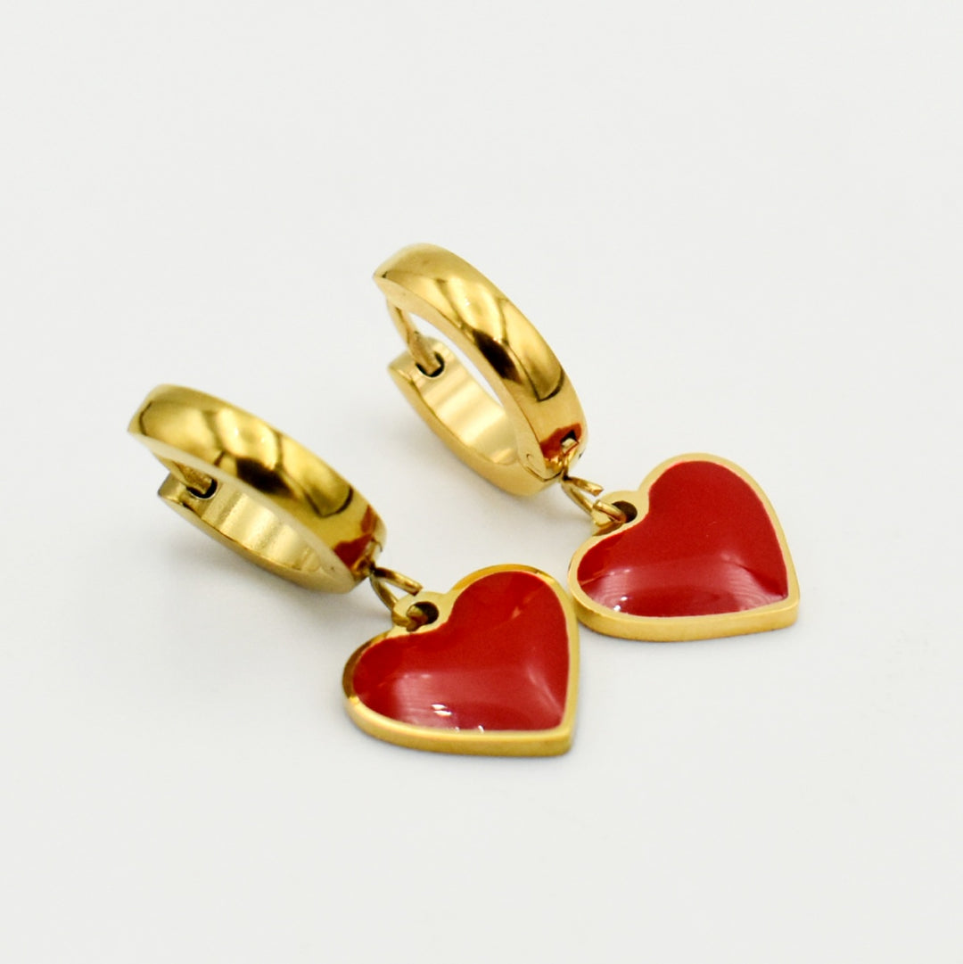 Gold Red Heart Huggies Earrings